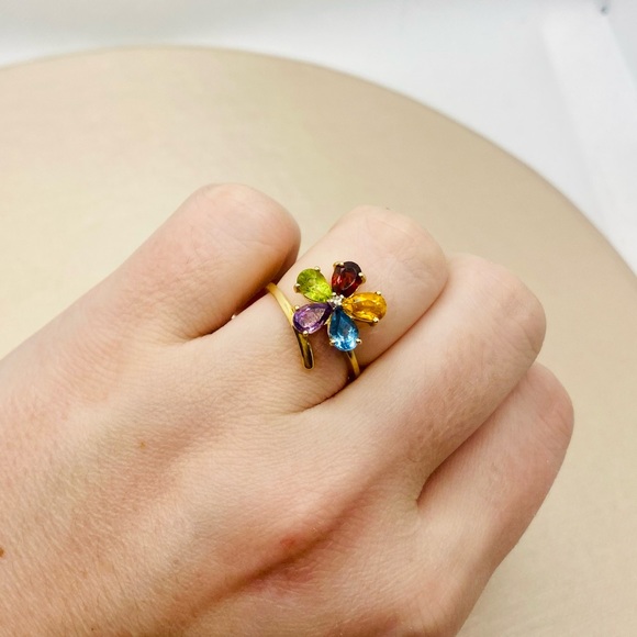 EUC Estate 10k Yellow Gold Genuine Multi-Colored Gemstone & Diamond Flower Ring - Picture 9 of 17
